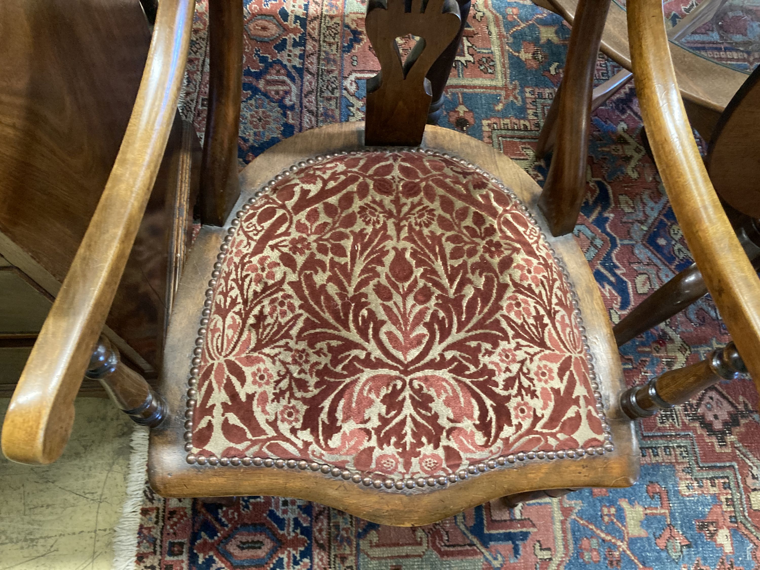 An Art Nouveau marquetry inlaid mahogany and beech elbow chair, width 53cm, depth 54cm, height 104cm